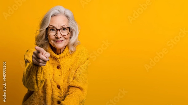 Fototapeta senior woman pointing forward to camera over bright yellow studio background with copy space