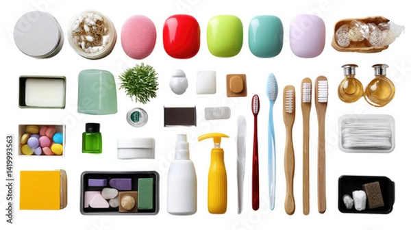 Fototapeta Cosmetic Collection: An eye-level arrangement of cosmetic products featuring jars, soaps, toothbrushes, and other beauty essentials, with a diverse color palette.