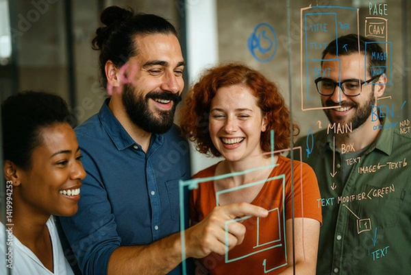 Fototapeta Happy Diverse Team Collaboration Website Design Planning Meeting Brainstorming Session Modern Office Creative Professionals Teamwork Project Development Digital Strategy User Interface UX UI          