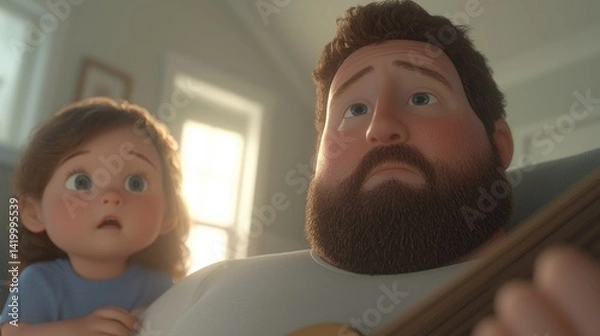 Fototapeta Father and daughter share heartwarming music moment.  A close-up view of a father and daughter, possibly animated, in a cozy living room setting,  seemingly playing and enjoying music together