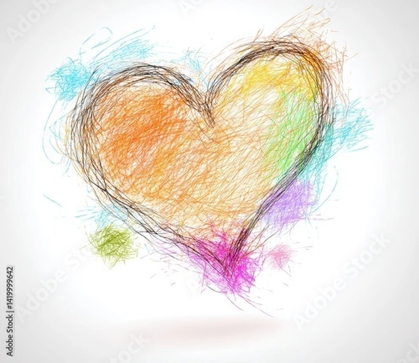 Fototapeta A vibrant, textured heart formed from colorful, scribbled lines against a pale background. It evokes a sense of energy and abstract artistry