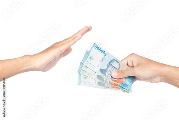 Obraz Close-up of a hand refusing money - anti bribery and corruption concepts,Business corruption concept Indonesian Rupiah 50000 banknotes. on white background