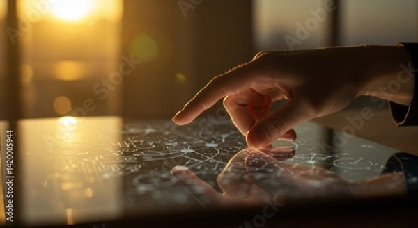 Fototapeta Touchscreen interface and hand silhouette, photos