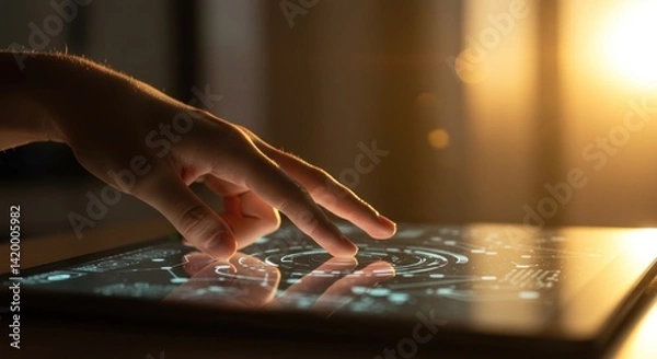 Obraz Hand Interacting with a Futuristic Tablet (Photo)