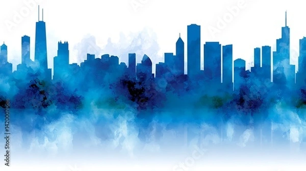 Obraz Blue Watercolor Chicago Skyline Silhouette Artistic Urban Scene Depiction of Cityscape with Buildings.
