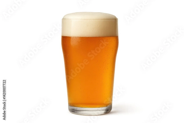 Fototapeta Golden Beer in a Glass with Foam on Top, Isolated on White Background