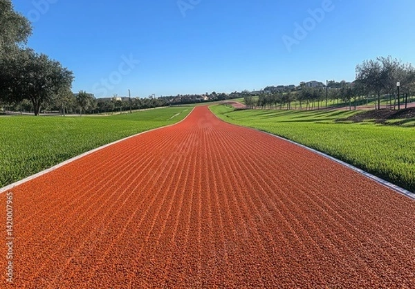 Obraz Scenic View of a Bright Red Running Track Surrounded by Lush Green Grass and Clear Blue Sky