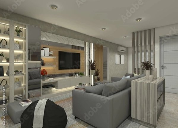 Fototapeta Modern 3D living room interior design featuring a TV cabinet, display cabinet, drawer table, and sofa.