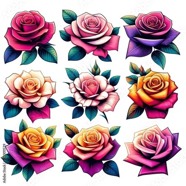 Obraz Colorful Rose Illustrations in Various Styles on White Background