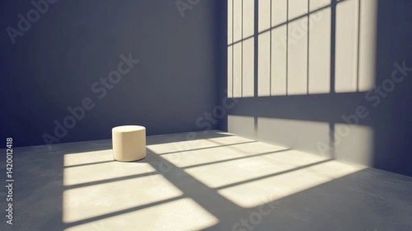 Fototapeta Dramatic light streams through bars, casting long shadows across a minimalist, empty room with a lone cylindrical object