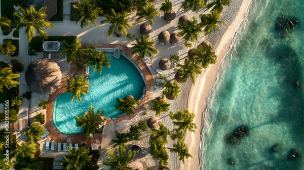 Fototapeta Luxury Beach Resort Aerial View Turquoise Waters Palm Trees Pool