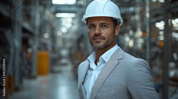 Obraz A stylish man in a hard hat surveys the bustling factory floor
