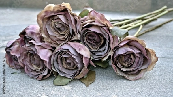 Obraz Dusty mauve roses lie clustered on a textured gray surface, exhibiting a vintage, slightly faded beauty