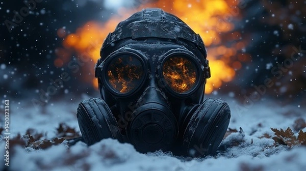 Obraz A gas mask lies partially buried in snow, surrounded by fiery colors in the distance