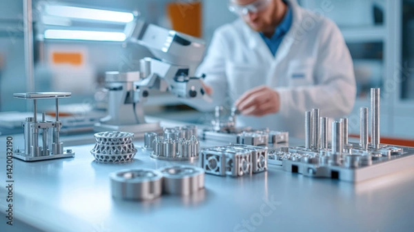 Fototapeta Engineers inspecting printed metallic parts with laser scanner on workbench in innovative manufacturing environment