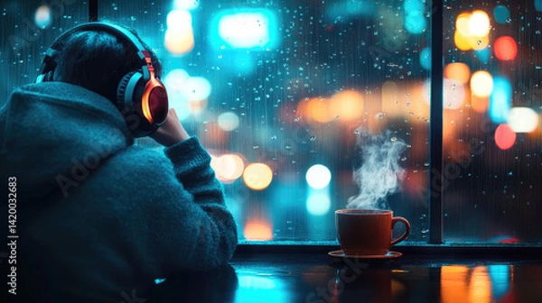 Obraz Enjoying lofi vibes cozy window nook digital art rainy cityscape intimate perspective relaxation and reflection in urban atmosphere