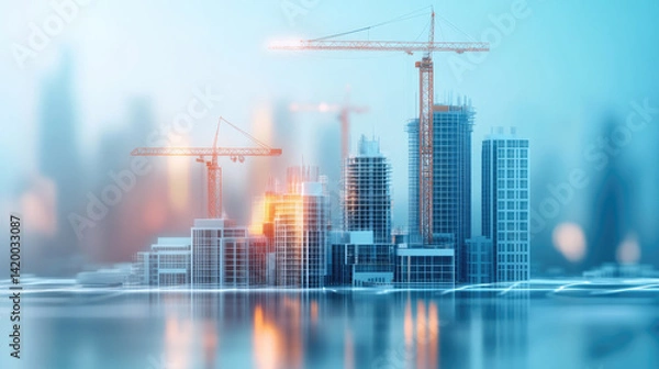 Fototapeta Engineers overseeing construction progress of a futuristic city skyline in an urban planning environment with advanced technology