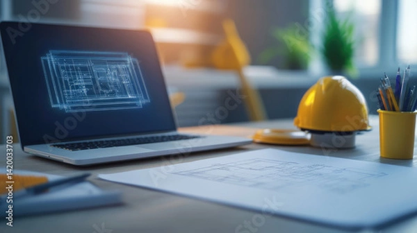 Obraz Analyzing holographic engineering blueprints desk setup digital visualization future technology top-down perspective conceptual system design