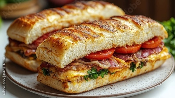 Fototapeta Toasted sandwich brimming with layers of meats, tomatoes, and herbs on a rustic plate