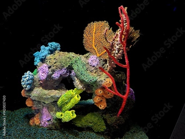 Fototapeta A display of different coral items in an under water display in a marine aquarium