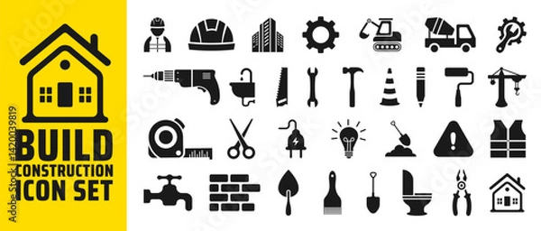 Fototapeta set of build home building construction tools icons. Property, Industry and Construction Development tools icon. Housing Project, Real Estate Residential icon bundle. Construction flat icons set.