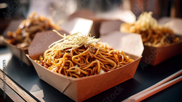 Fototapeta Japanese-style yakisoba with ginger topping paper tr