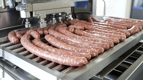Fototapeta Sausage production line with linking machine and raw sausages neatly coiled