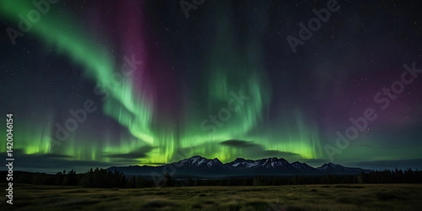 Obraz A softly glowing aurora borealis effect with streaks of light in greens and purples. AI-generated