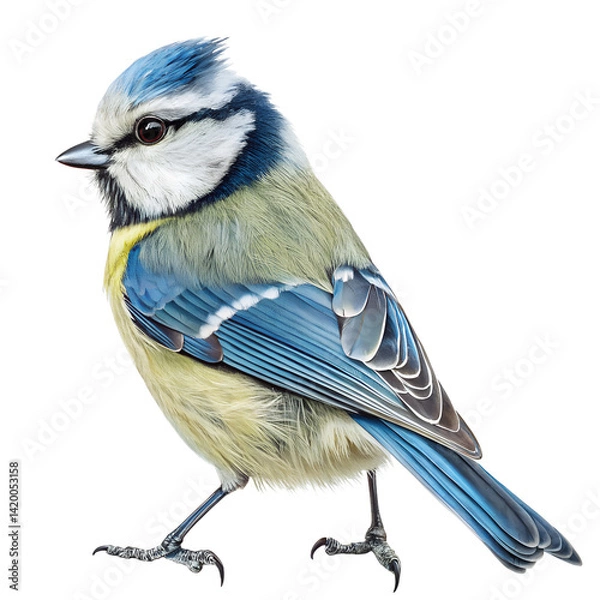 Obraz Watercolor Close-up portrait of a blue tit bird sitting gracefully, showcasing every detail of its colorful blue feathers isolated on transparent background