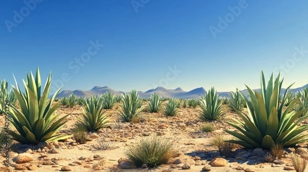 Obraz Vast Desert Landscape with Agave Plants Under Clear Blue Sky