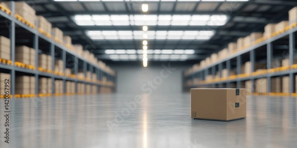 Fototapeta Cardboard box on new clean concrete floor inside modern warehouse building in perspective view. Include row of shelf. Nobody and empty space suit for industrial background and product display.