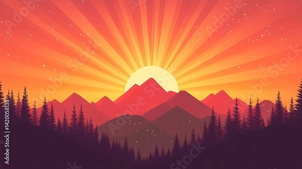 Fototapeta Vibrant Sunburst Ray Red Retro Background - Professional 2D Flat Design
