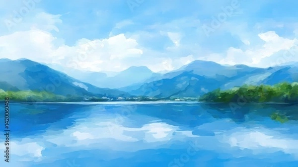 Fototapeta Serene lakeside scene Mountains embrace tranquil waters under a cloudy sky