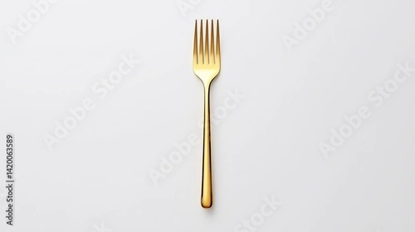 Fototapeta Diet weight monitoring assessment. A shiny gold fork stands upright against a plain, light background, highlighting its sleek design and elegant appearance.