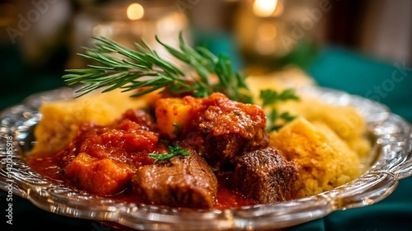Fototapeta Delicious Beef Stew with Polenta and Fresh Rosemary Garnished on an Ornate Silver Platter Display.