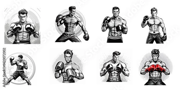Fototapeta Set of strong boxer silhouettes in pop art style. White background.