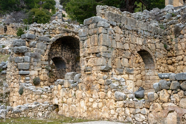 Fototapeta Remains of gymnasium in acnient Lycian city Arycanda. Ancient city on mountain near Aykiricay village.Well preserved semi circular theater of Arycanda, ancient Lycian city in Antalya	