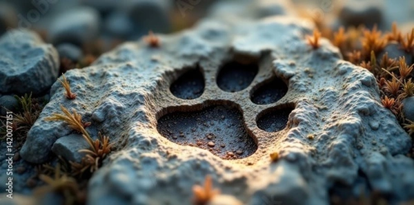 Fototapeta Wolf's paw print on rocky terrain , wilderness, animal