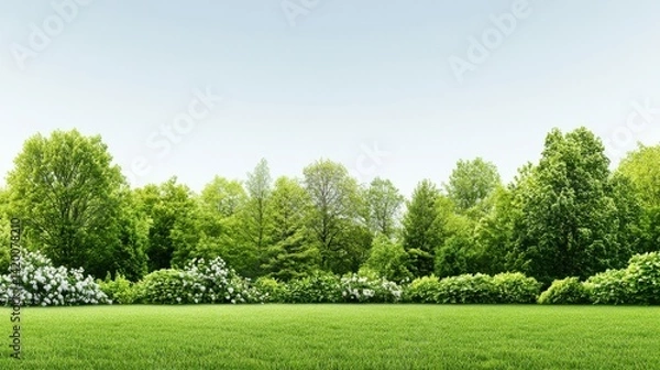 Fototapeta Lush Green Field Surrounded by Tall Trees and Vibrant Bushes in Nature