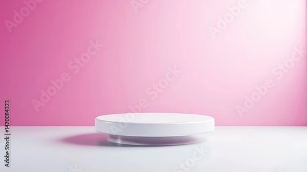 Fototapeta White Circular Platform Minimalist Product Display, High-resolution Soft Lighting, Front Center Shot, Clean Surface, Empty Showcase, Pink Wall, Soft Rose Hues, Ideal for Mockups