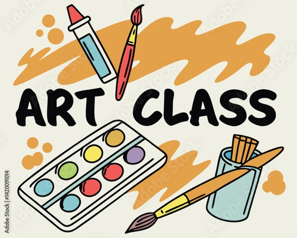 Obraz Digital Illustration of Art Class Theme with Paint Supplies and Graffiti Text