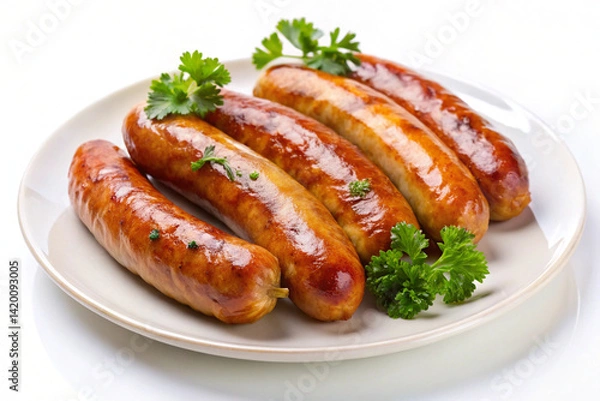 Fototapeta Golden Sausages on Plate: A tantalizing arrangement of perfectly grilled, golden-brown sausages adorns a simple plate, garnished with fresh herbs.
