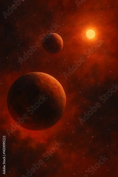Fototapeta Futuristic space scene showing red planets orbiting near a glowing star in a dark cosmic background. Ideal for astronomy, sci-fi, or space-themed concepts.