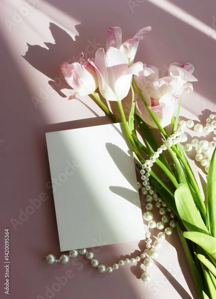 Fototapeta Greeting card mockup and pink tulip flowers and pearl necklace on pink background top view flatlay. Blank mock up with copy space.Mother's day, birthday, wedding concept.