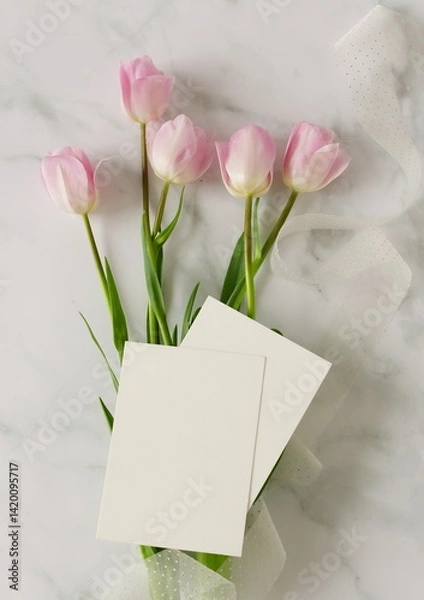 Fototapeta Greeting cards mockup and pink tulip flowers on white marble background top view flatlay. Blank mock up with copy space.