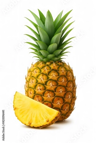 Obraz Whole ripe pineapple with green leaves and a fresh yellow slice isolated on a white background. Concept of tropical fruit, health, and nutrition.