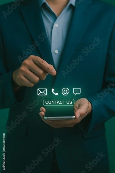 Fototapeta Businessman using a smartphone with digital "Contact Us" icons floating above. Modern communication and customer service concept with email and phone icons.