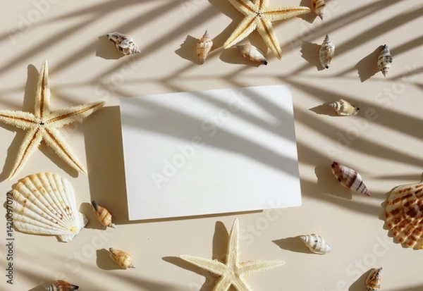Fototapeta Empty paper blank card mockup, seashells, stars  and palm leaves shadow top view on beige background. Summer vacation, travel backdrop.Neutral colors