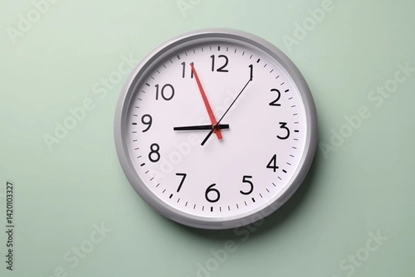 Fototapeta Close-up of a wall clock. The concept of time and work time is valuable for life, Alarm clock stopped. photo in a coloured background