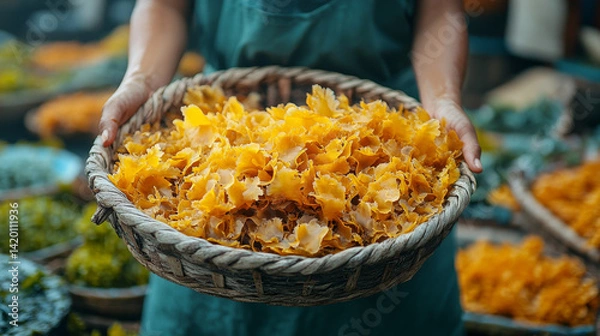 Obraz Focused shot of a basket filled with orange seaweed carried by a woman at a Nusa Penida seaweed farm